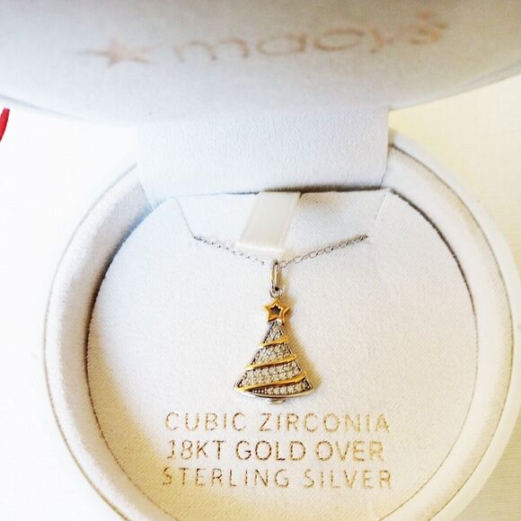 NWT 18K GP Sterling Silver Ornament Box Christmas Tree Pendant 18" Necklace - Picture 2 of 5